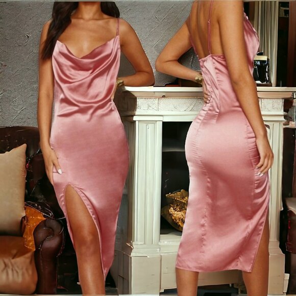 NWT PRETTY LITTLE THING 6 Rose Strappy Satin Cowl Midi Dress - Picture 1 of 9